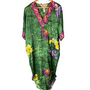 Winlar Green Tropical Floral V Neck Flowing Floor Length Kaftan One Size